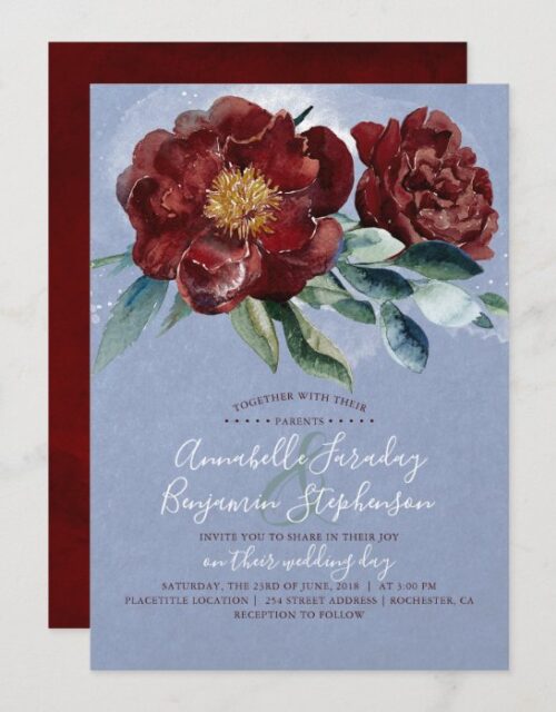 Dusty Blue and Cranberry Burgundy Red Wedding Invitation