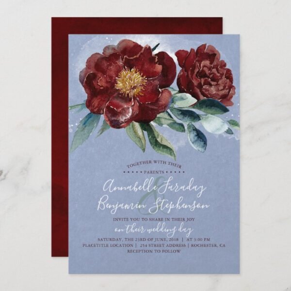 Dusty Blue and Cranberry Burgundy Red Wedding Invitation