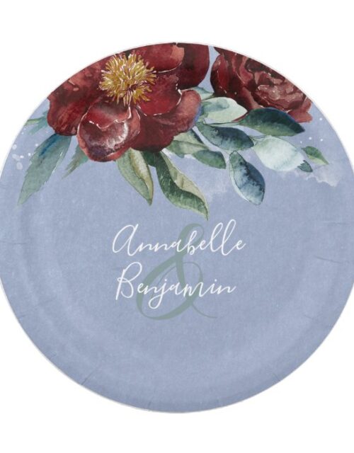 Dusty Blue and Cranberry Burgundy Wedding Paper Plate