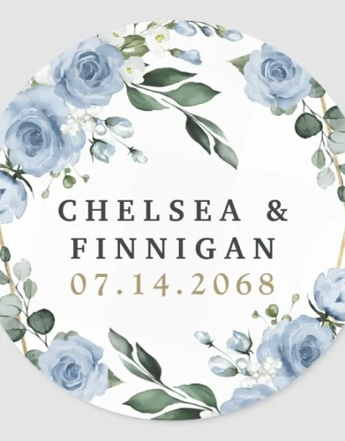 Dusty Blue and Gold Elegant Floral Rustic Wedding Classic Round Sticker