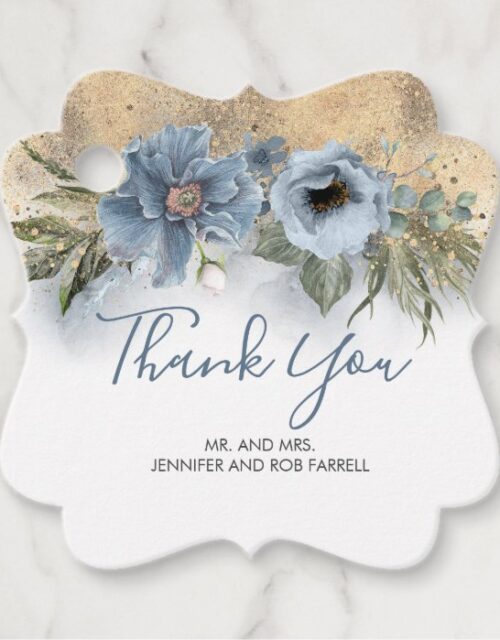 Dusty Blue and Gold Glitter Elegant Modern Floral Favor Tags