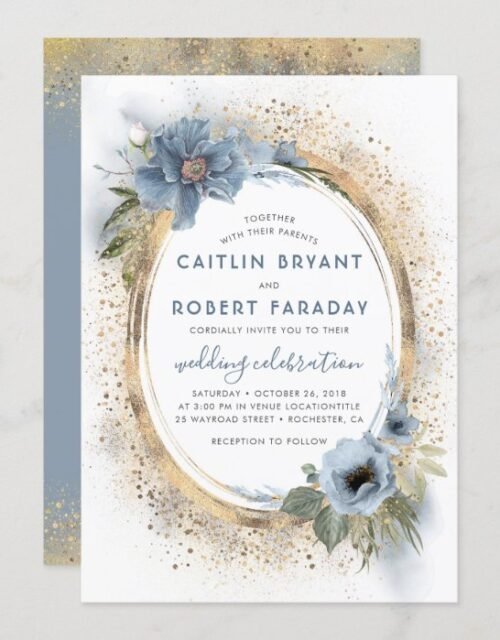 Dusty Blue and Gold Glitter Floral Modern Wedding Invitation
