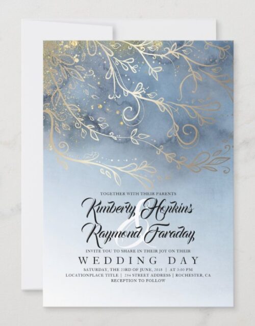 Dusty Blue and Gold Modern Watercolor Wedding Invitation