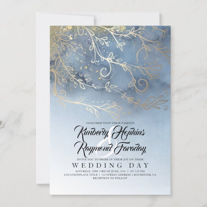 Dusty Blue and Gold Modern Watercolor Wedding Invitation