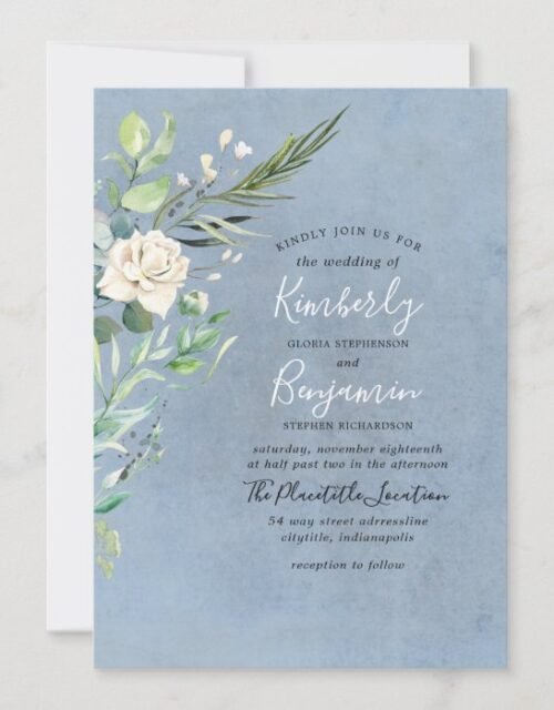 Dusty Blue and Greenery Modern Wedding Invitation