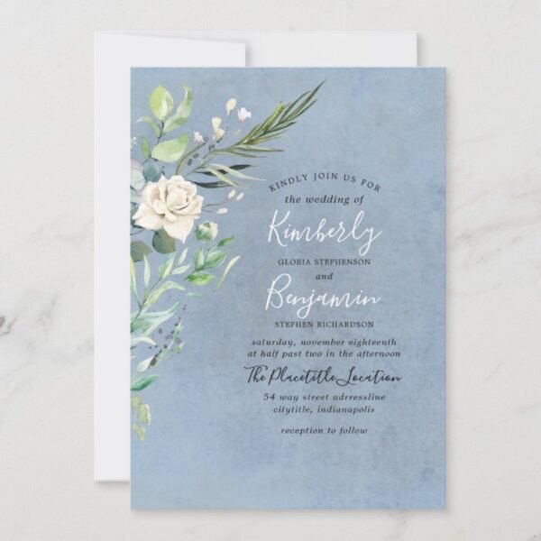 Dusty Blue and Greenery Modern Wedding Invitation