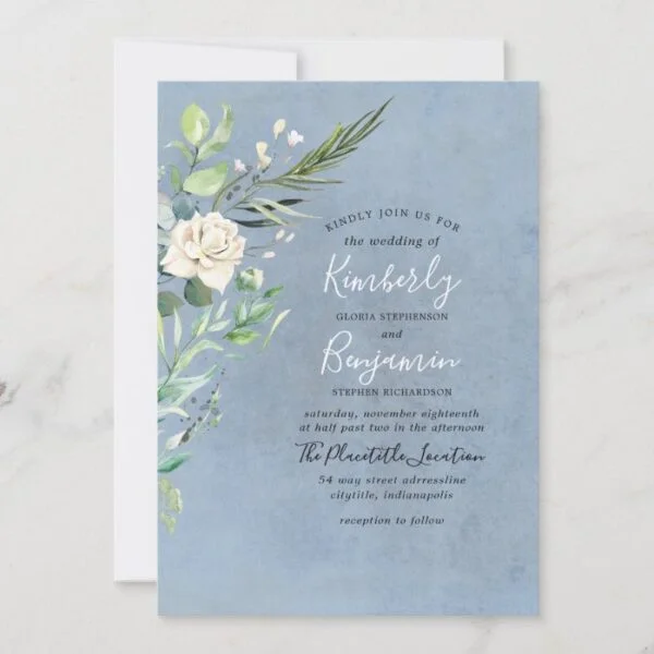 Dusty Blue and Greenery Modern Wedding Invitation