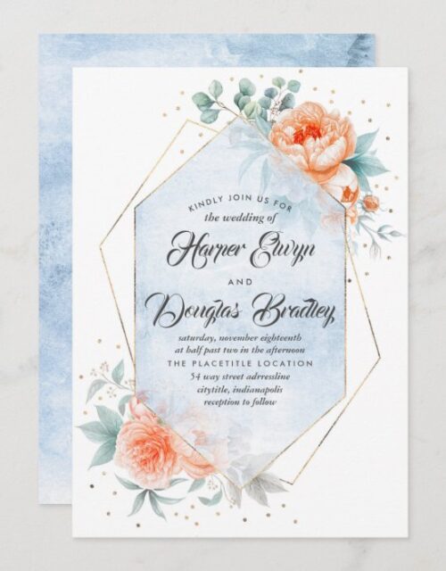 Dusty Blue and Living Coral Floral Modern Wedding Invitation