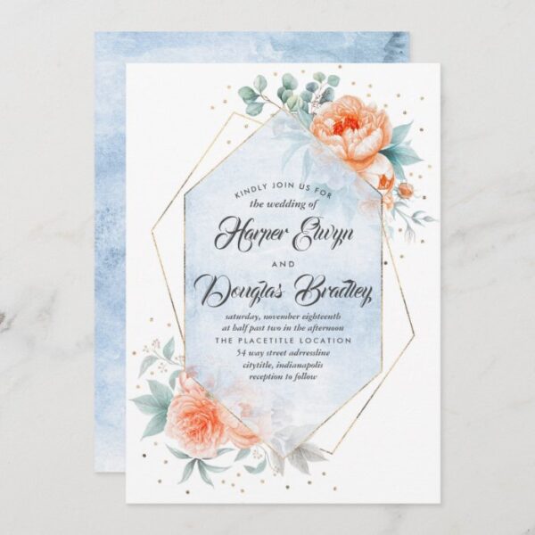 Dusty Blue and Living Coral Floral Modern Wedding Invitation