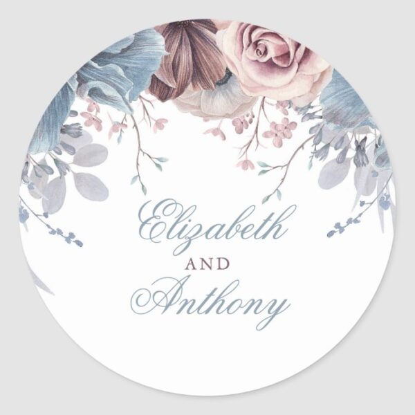 Dusty Blue and Mauve Floral Wedding Classic Round Sticker