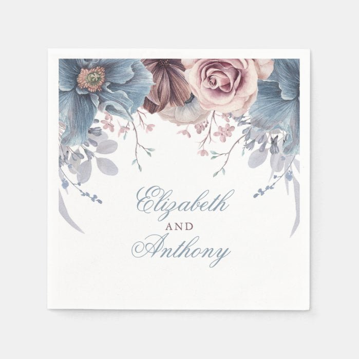 Dusty Blue and Mauve Watercolor Flowers Napkins
