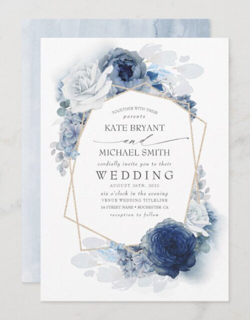 Dusty Blue and Navy Floral Elegant Wedding Invitation