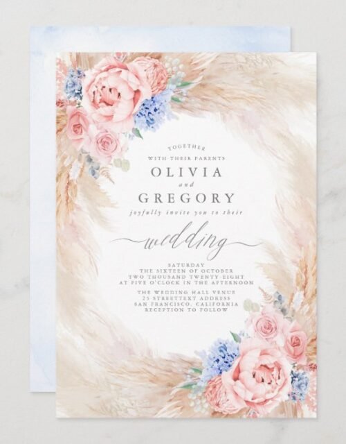 Dusty Blue and Pink Floral Pampas Grass Wedding Invitation