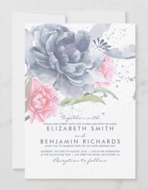 Dusty Blue and Pink Watercolor Flowers Wedding Invitation