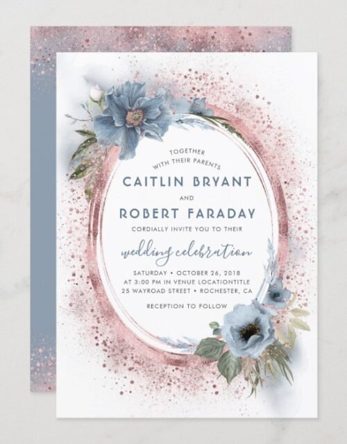 Dusty Blue and Rose Gold Glitter Floral Wedding Invitation