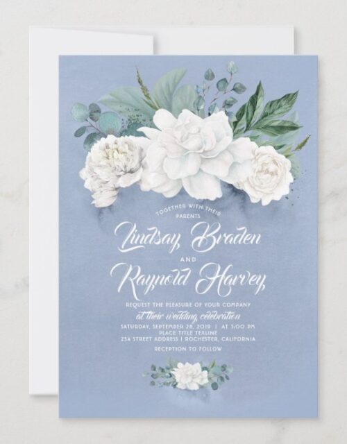 Dusty Blue and White Flowers Elegant Peony Wedding Invitation