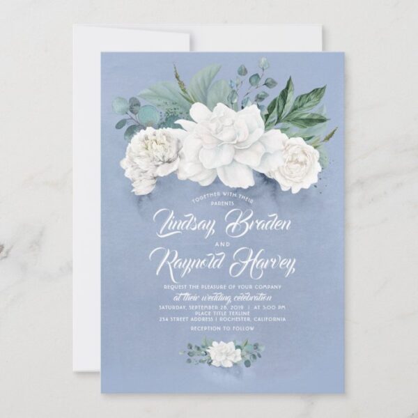 Dusty Blue and White Flowers Elegant Peony Wedding Invitation