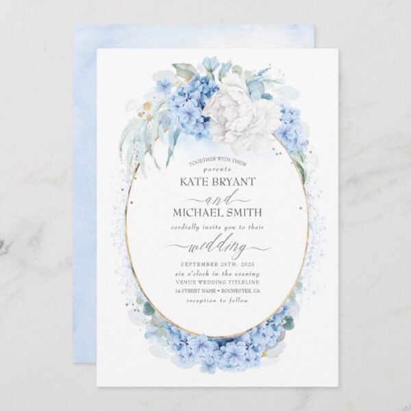 Dusty Blue and White Flowers Elegant Wedding Invitation