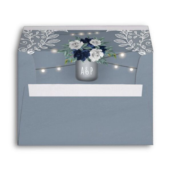 Dusty Blue Country White Lace Mason Jar Wedding Envelope
