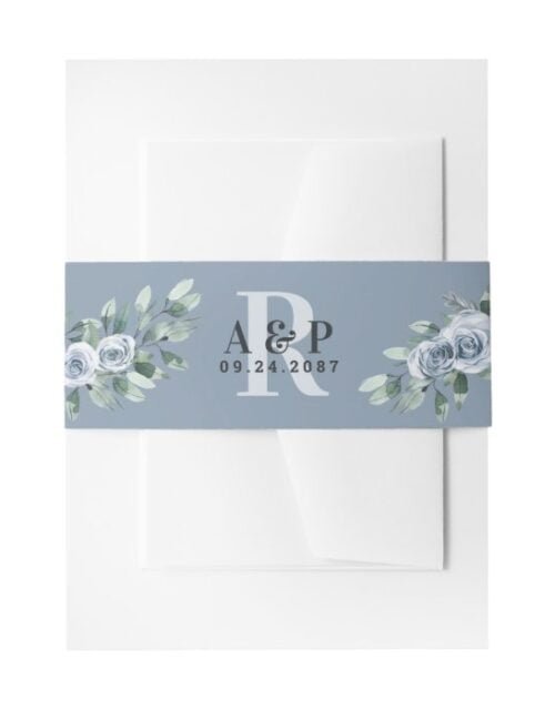 Dusty Blue Elegant Floral Boho Rose Rustic Wedding Invitation Belly Band