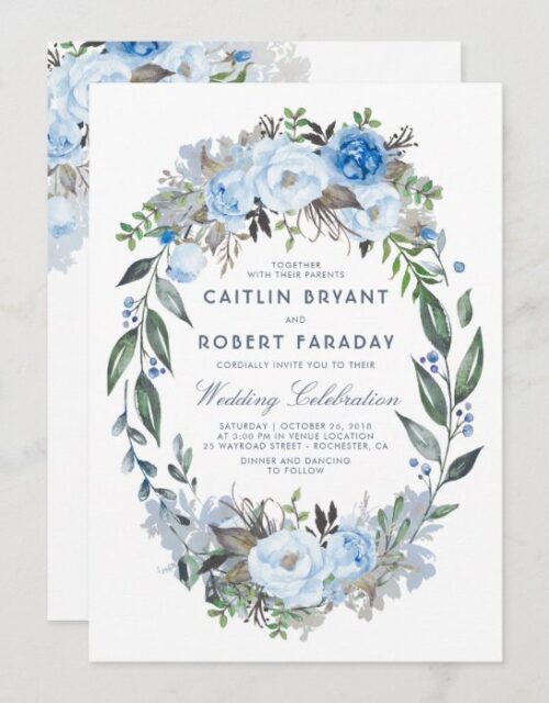 Dusty Blue Floral Elegant Watercolor Wedding Invitation