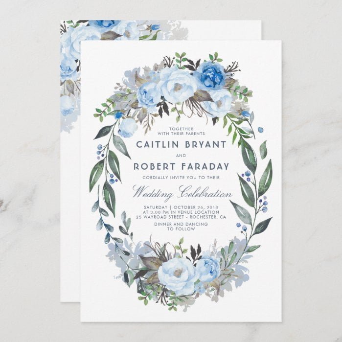 Dusty Blue Floral Elegant Watercolor Wedding Invitation