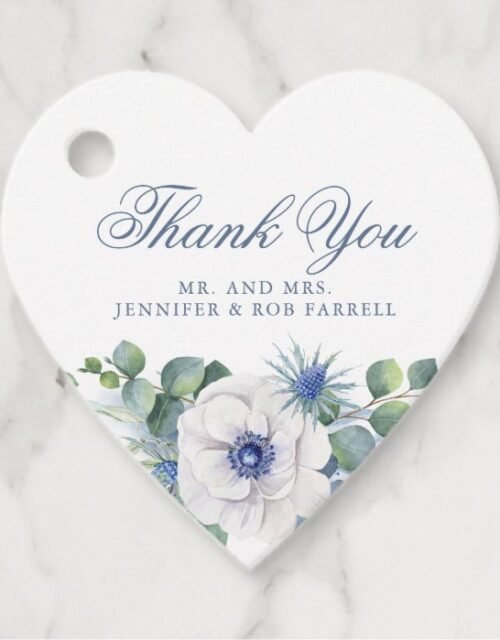 Dusty Blue Floral Greenery Love Heart Wedding Favor Tags