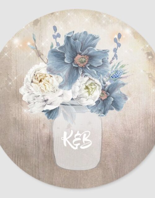 Dusty Blue Floral Mason Jar Rustic Country Wedding Classic Round Sticker