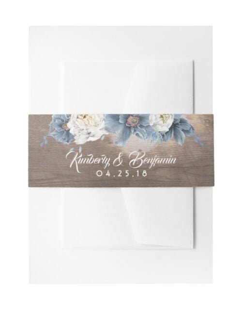 Dusty Blue Floral Rustic Wedding Invitation Belly Band