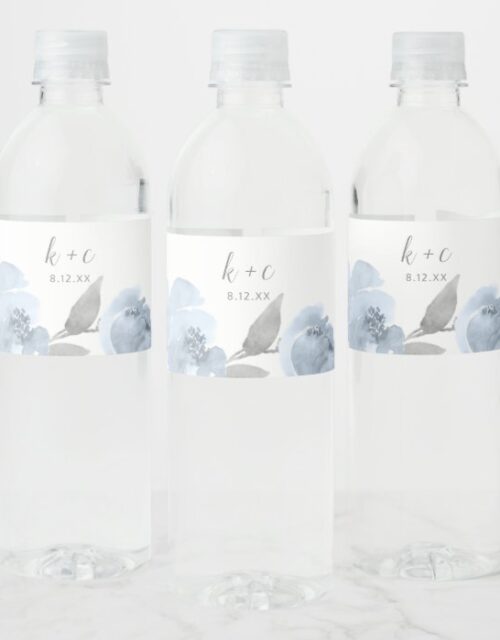 Dusty Blue Floral Watercolor Bridal Shower Water Bottle Label
