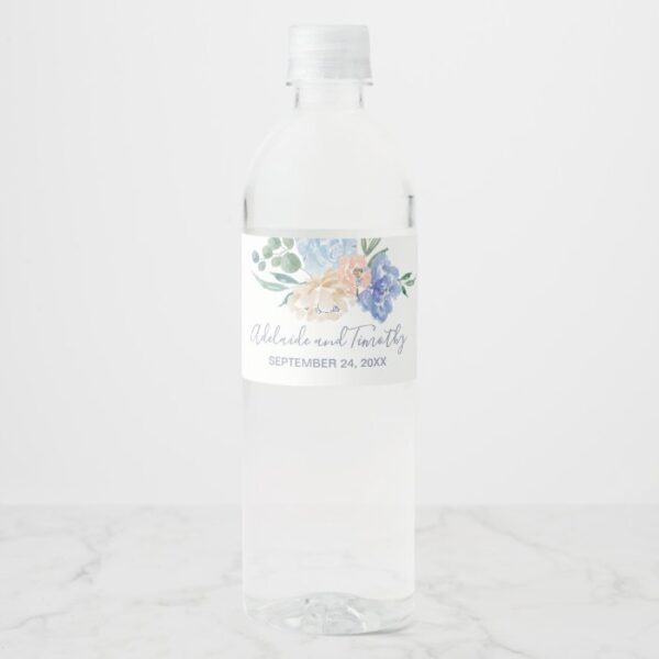 Dusty Blue Florals Wedding Water Bottle Label