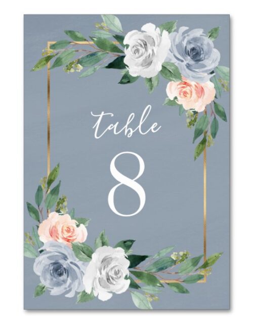Dusty Blue Gold Blush Pink Peach Floral Wedding Table Number