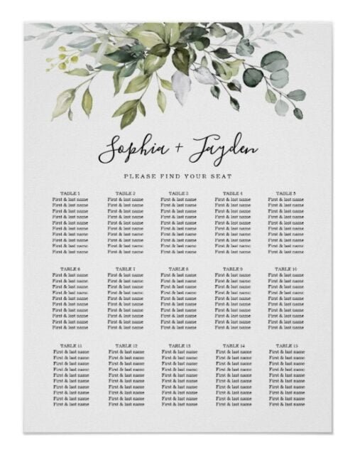 Dusty Blue Greenery Elegant Wedding Seating Chart