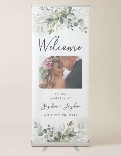 Dusty Blue Greenery Photo Wedding Welcome Sign