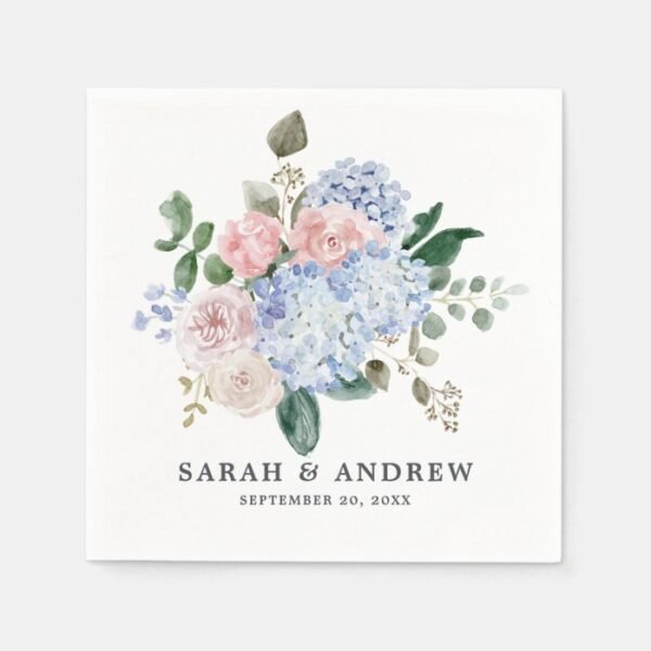 Dusty blue hydrangeas pastel pink roses wedding napkins