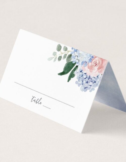 Dusty blue hydrangeas pink roses place card