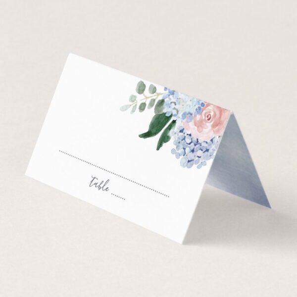 Dusty blue hydrangeas pink roses place card