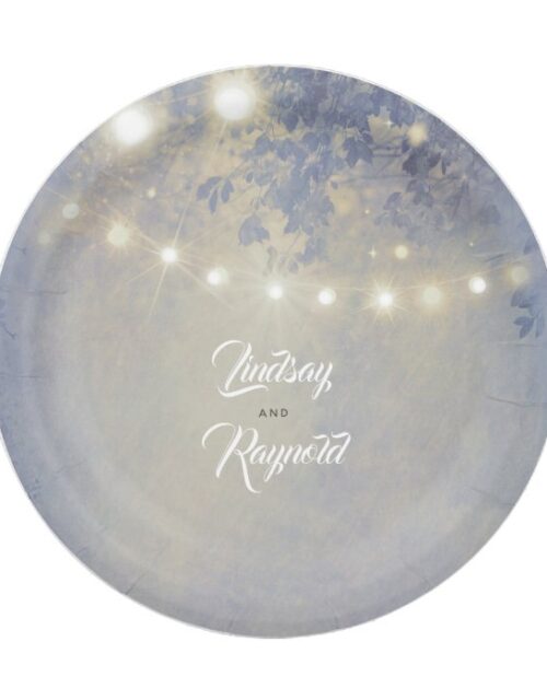 Dusty Blue Rustic String Lights Wedding Paper Plate