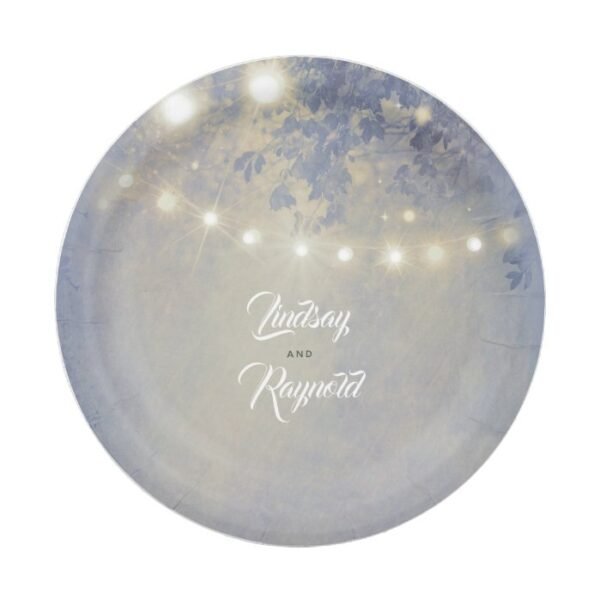 Dusty Blue Rustic String Lights Wedding Paper Plate