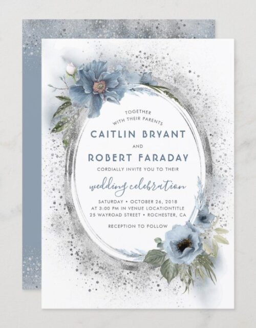 Dusty Blue & Silver Glitter Floral Rustic Wedding Invitation