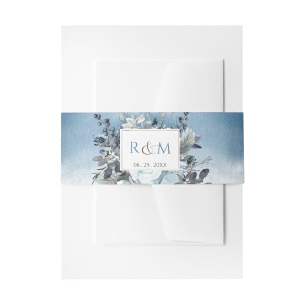 Dusty Blue Watercolor and Floral, Wedding Initials Invitation Belly Band