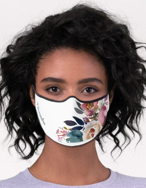 Dusty Blue Watercolor Floral Flowers Name Wedding Premium Face Mask