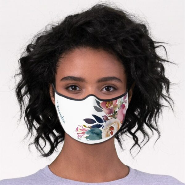 Dusty Blue Watercolor Floral Flowers Name Wedding Premium Face Mask