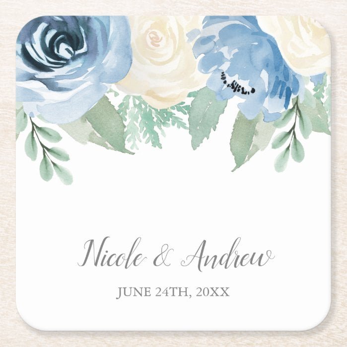 Dusty Blue Watercolor Floral Wedding Custom Square Paper Coaster