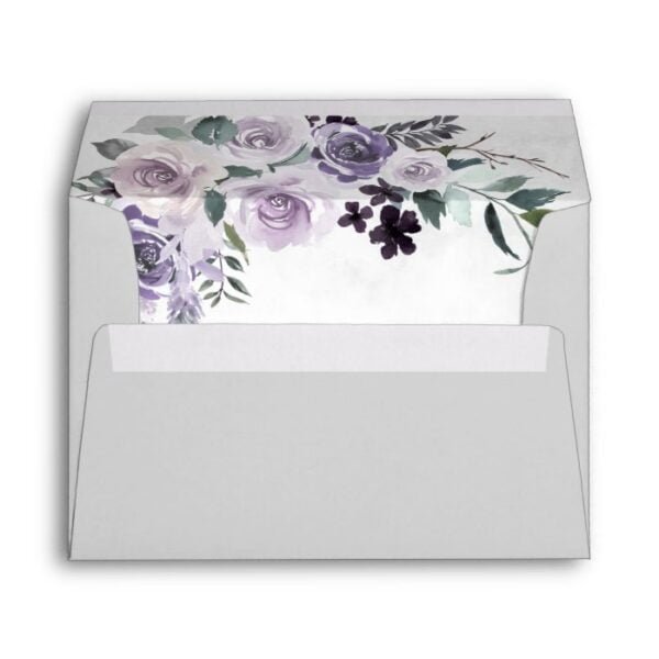 Dusty Purple and Silver Gray Floral Rustic Wedding Envelope