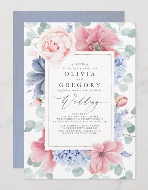 Dusty Rose and Dusty Blue Flowers Elegant Wedding Invitation