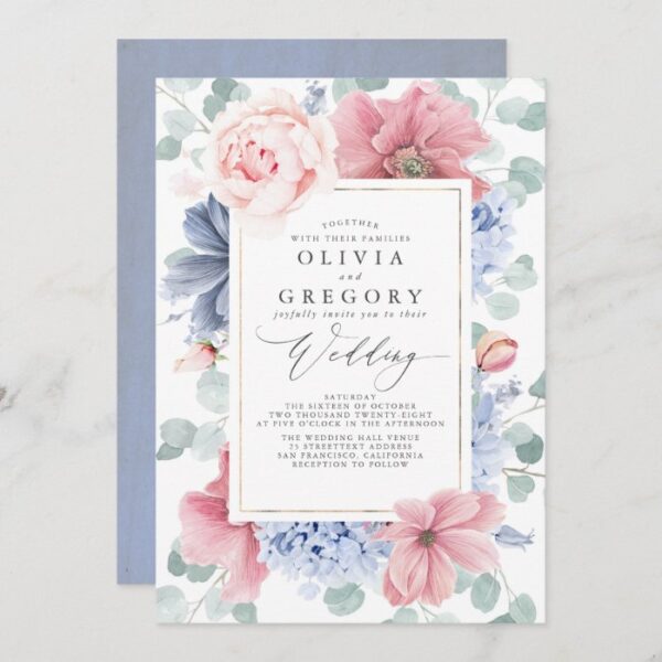 Dusty Rose and Dusty Blue Flowers Elegant Wedding Invitation