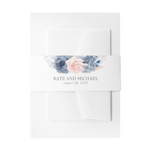 Dusty Rose And Navy Blue Floral Wedding Invitation Belly Band