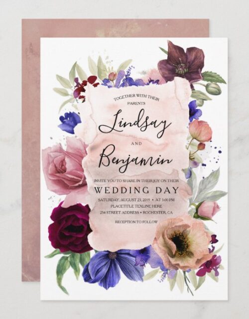 Dusty Rose Burgundy Red and Navy Floral Wedding Invitation