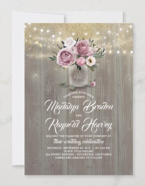 Dusty Rose Floral Mason Jar Rustic Wedding Invitation